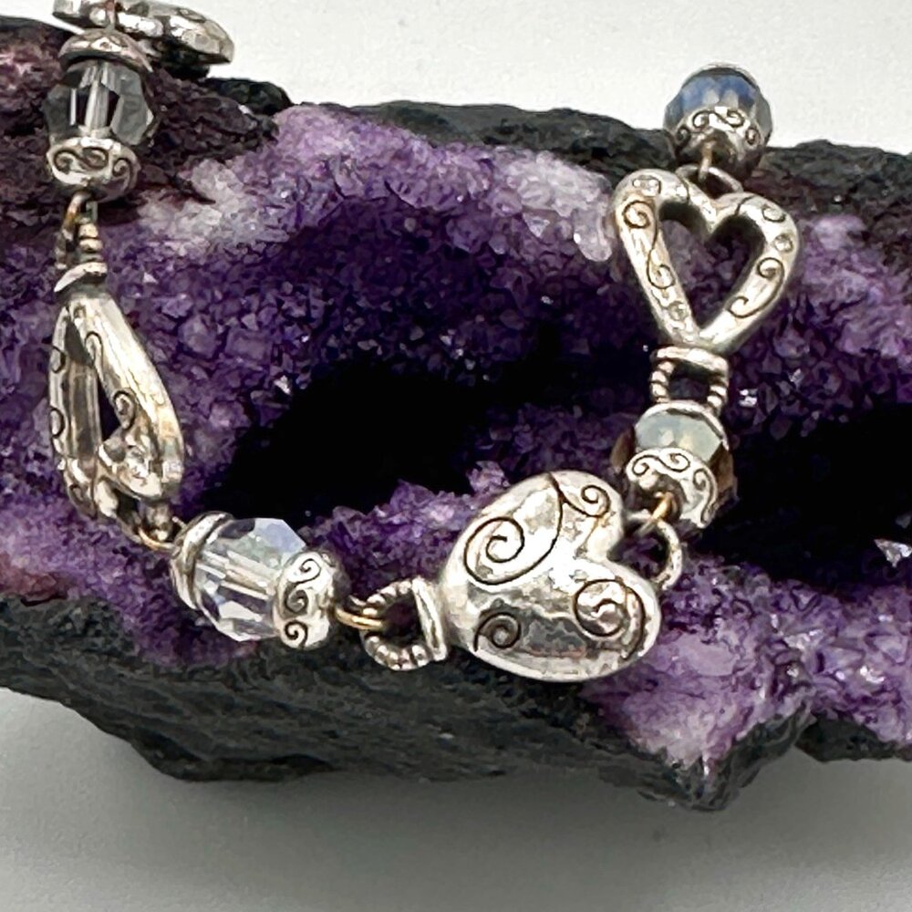 Brighton Heartland Silver Heart Charm Clear Crystal Beads Adjustable 7-8 Inch